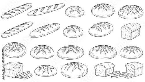 Detailed collection of engraved style bread illustrations including baguettes, round loaves, and sliced sandwich bread pieces.