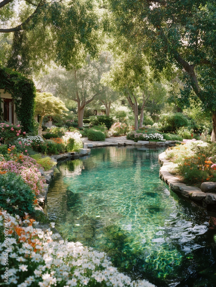 Fototapeta premium Garden With Flowers and a Clear Pond Surrounded by Trees During Daytime