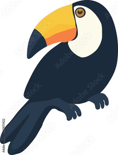 A flat vector illustration of a colorful toucan perched on a branch, featuring a large yellow and orange beak and dark body.