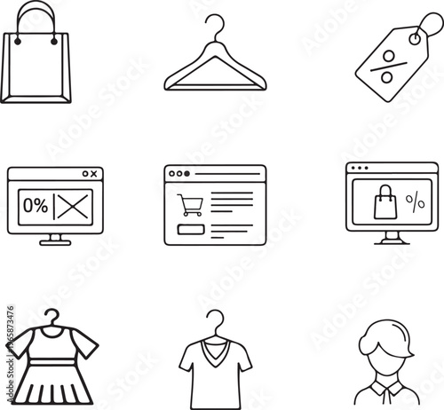 Shopping line icons fashion elements featuring store