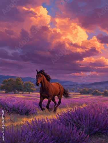 Horse Runs Through Lavender Fields Under Clouds at Sunset in a Countryside Se...