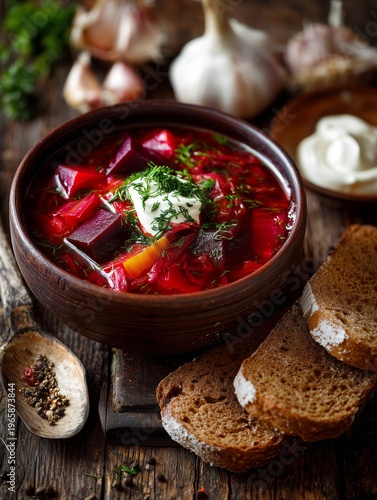 Rich Soup Served in Bowl With Bread on Wooden Table With Garlic and Herbs in ...