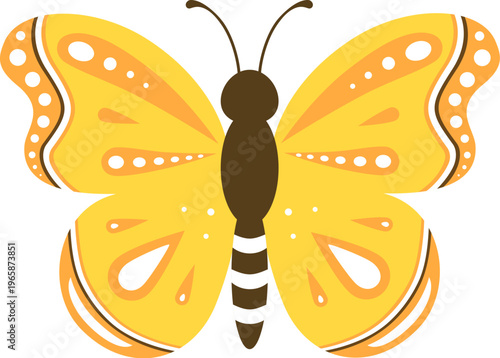 Decorated butterfly illustration with yellow and orange wings, isolated on white background.