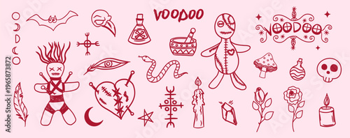 Witchcraft whimsical voodoo magic set. Occult, esoteric concept. Perfect for stickers, prints, social media design, packaging, and mystical or boho themed projects.