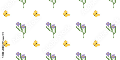 Seamless pattern with yellow butterflies and purple flowers on white background.