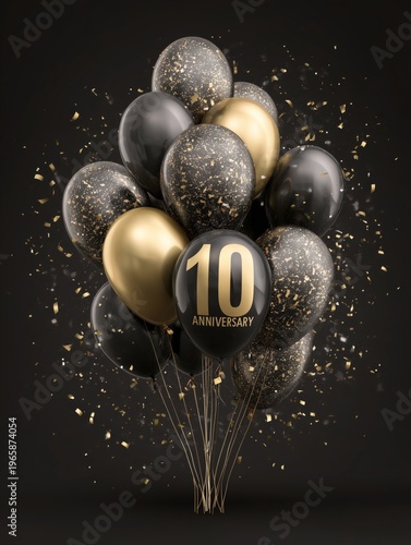 Balloons Forming the Number 10 With Golden Sparkles in a Dark Setting