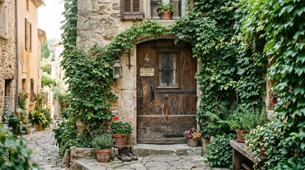Fototapeta premium A quaint, stone-walled village street with a rustic wooden door adorned with ivy and flowers, set against a backdrop of other stone buildings and greenery.
