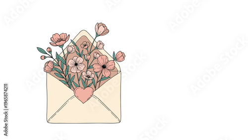 Hand drawn illustration shows an open cream colored envelope overflowing with blooming pink flowers and a central heart seal.