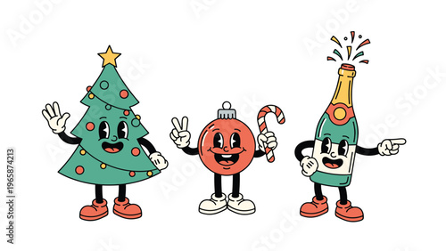 Set of retro holiday characters includes a smiling Christmas tree an ornament with a candy cane and a bubbly champagne bottle.