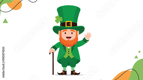 Friendly leprechaun character wearing a green suit and hat with a shamrock holding a cane and waving on a white background.