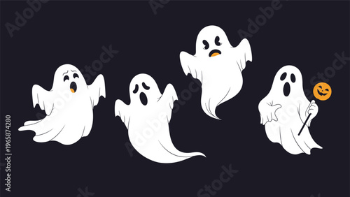 Four cute and spooky white ghosts floating against a dark background with one ghost holding a smiling pumpkin on a stick.