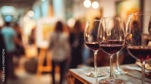 Glasses of red wine at an art exhibition opening with blurred people looking at the paintings