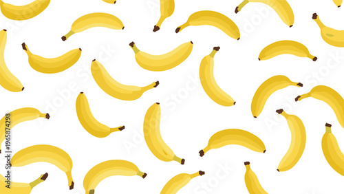 Cheerful seamless pattern of ripe yellow bananas scattered in various orientations across a clean white background for design.