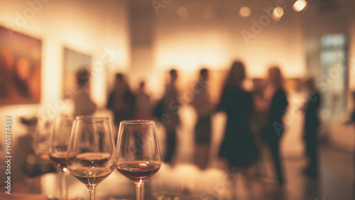 Glasses of red wine at an art exhibition opening with blurred people looking at the paintings