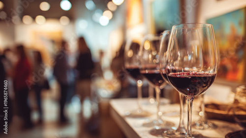 Glasses of red wine at an art exhibition opening with blurred people looking at the paintings