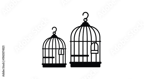 Two ornate empty birdcages stand side by side in a black and white illustration