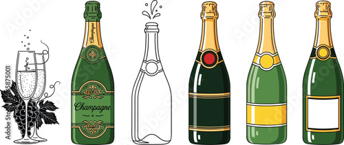Champagne Bottle and Glass Set Featuring Sparkling Wine with Decorative Labels for Celebration and Special Occasion Designs