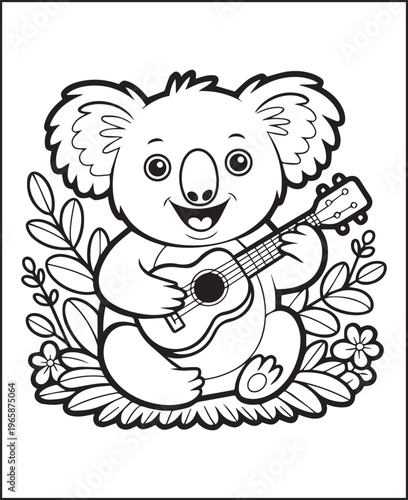 Cute adorable animal koala cheering with guitar and sitting on flowers coloring page for kids, black line art vector illustration for activity book design