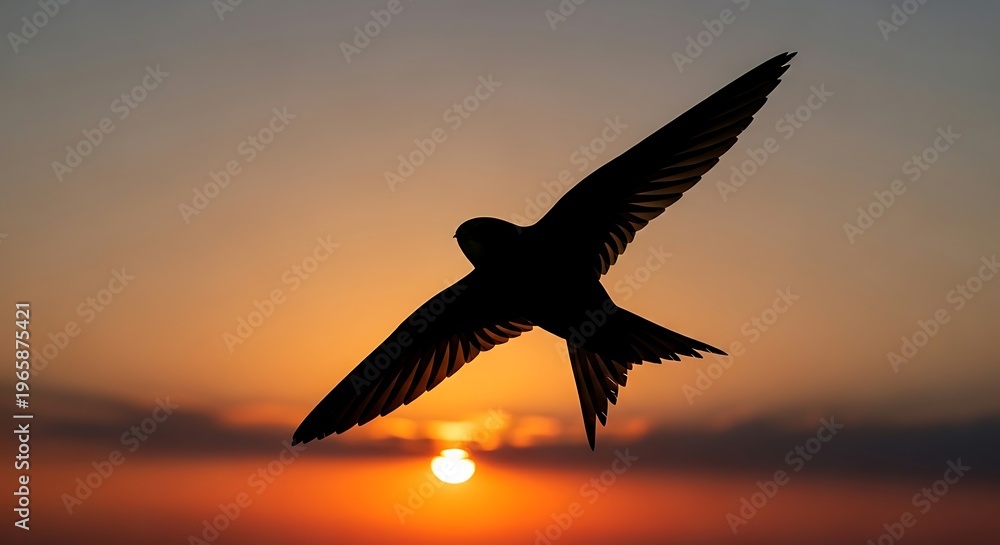 Naklejka premium A graceful swift in silhouette with its distinctive crescent-shaped wings soaring against a vibrant sunset sky.