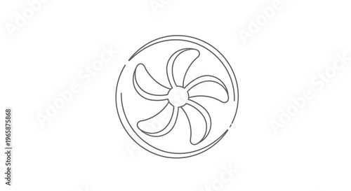 Continuous line art drawing of a rotating fan icon. Minimalist single stroke illustration of a propeller or ventilation device graphic.