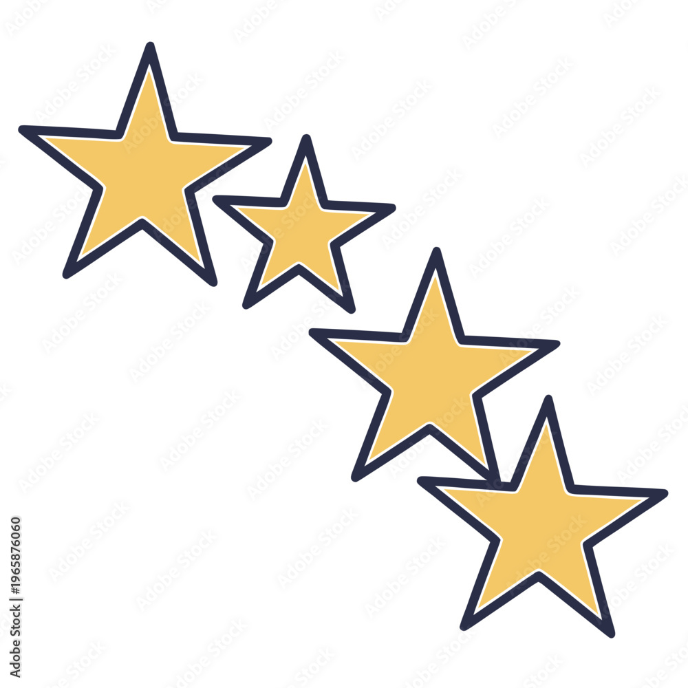 Fototapeta premium Diagonal arrangement of four golden yellow stars with dark blue outlines for rating system user interface design and feedback evaluation concepts