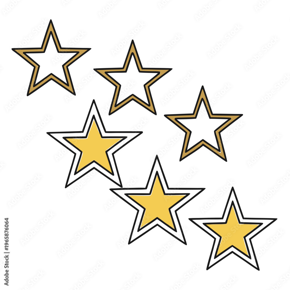 Fototapeta premium Six stars with golden fill and outlines, three filled and three empty, indicating a partial rating or progress on a task or achievement
