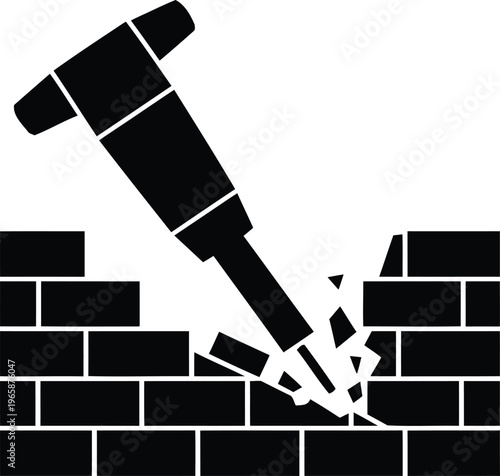 Black silhouette of jackhammer breaking through brick wall  construction and demolition work