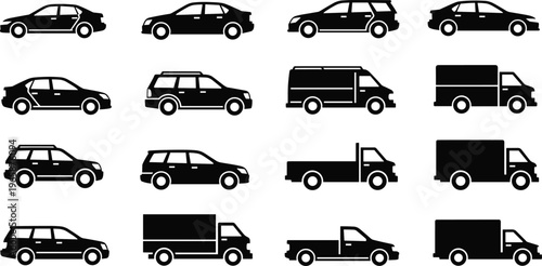 A collection of silhouetted vehicle icons including cars vans trucks and station wagons are displayed in black high quality professional detailed modern elegant