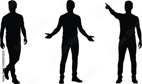Three silhouetted men are depicted in various poses showcasing different stances and gestures against a white background high quality professional detailed modern elegant