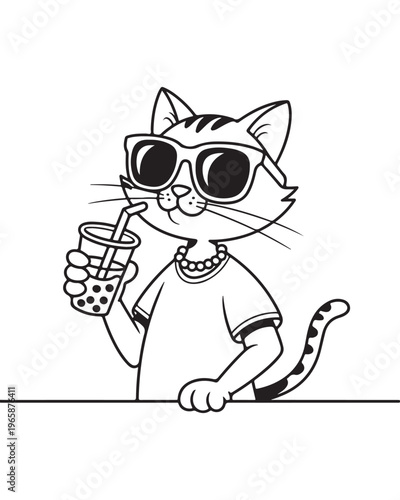 A cool cartoon cat wearing sunglasses and a necklace while drinking a bubble tea in black line