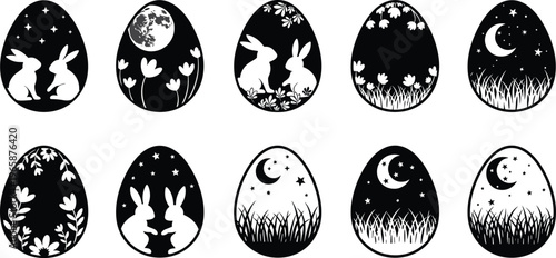 A collection of ten easter eggs are depicted each showcasing different black and white silhouettes of nocturnal and spring themes high quality professional