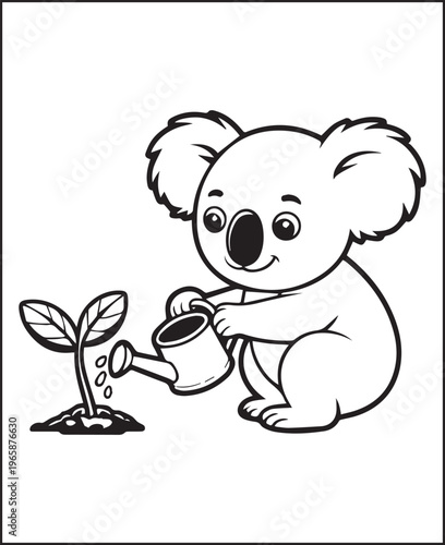 Cute adorable animal koala watering on a plant coloring page for kids, black line art vector illustration for activity book design