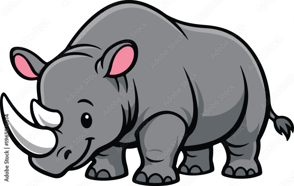 Fototapeta premium Cuddly Grey Rhinoceros Featuring Pink Inner Ears And Prominent White Horns, Charming Cartoon Wildlife Mascot Vector Illustration 