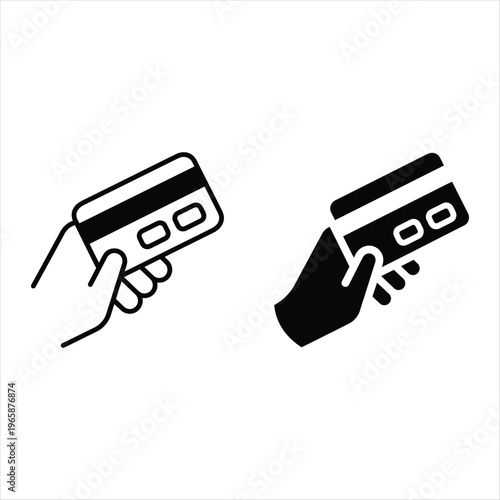 Credit card icon set in hand, payment method vector symbols, black and white banking transaction graphics, e-commerce checkout elements