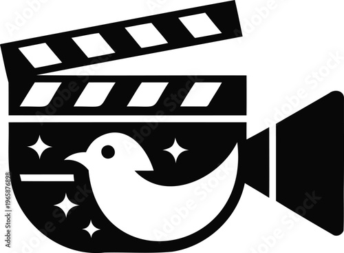 Film camera icon with a white bird and sparkles  movie production symbol with dove
