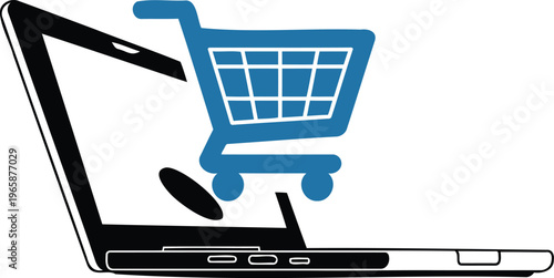Laptop computer with shopping cart icon on screen for online shopping ecommerce concept