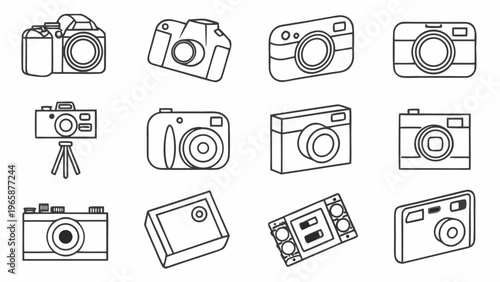 Camera icons, photography symbols, vector illustrations, line art style