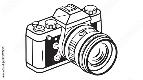 Camera, photography equipment, vector illustration, black and white, single line art