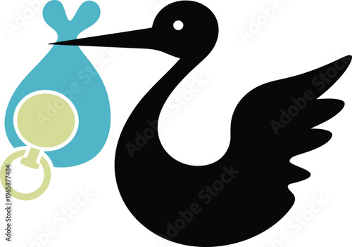 Stork bird delivering a baby in a blue bag with pacifier attached to it by white string