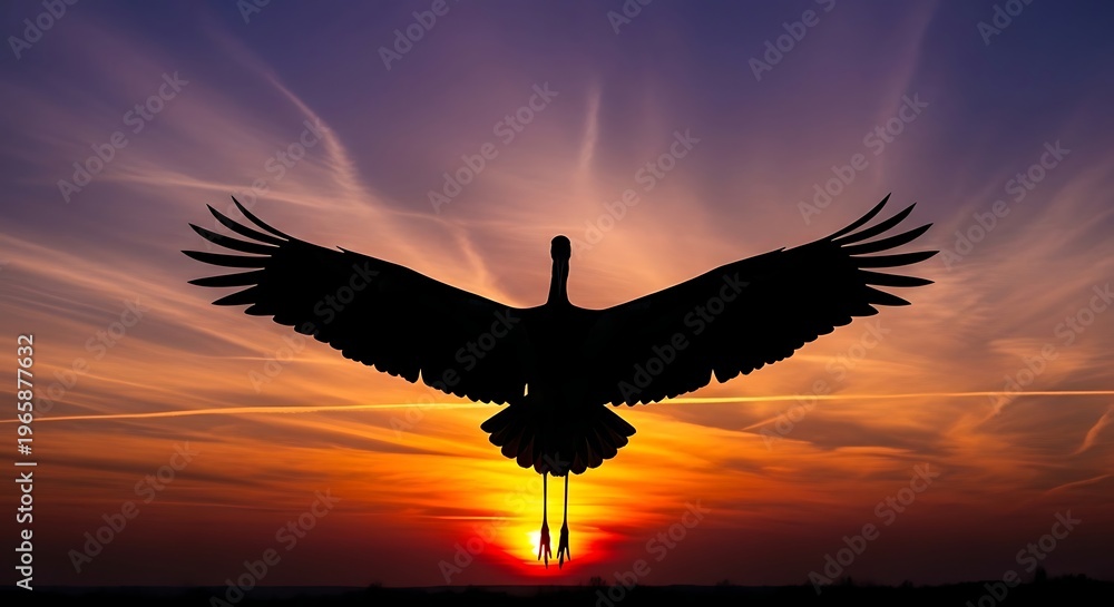 Fototapeta premium A majestic crane with wide wings stands silhouetted against a spectacular sunset sky featuring dramatic streaky clouds.