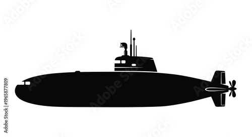 A black silhouette of a modern military submarine viewed from the side