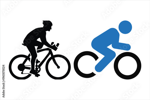 Cycling silhouette and minimalist bike icon, professional cyclist in racing position, blue and black bicycle athlete symbols for sports branding