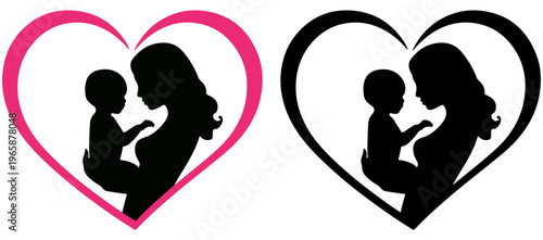 Child heart silhouette, Mother and baby silhouette, Mother logo design, Mother baby silhouette vectors