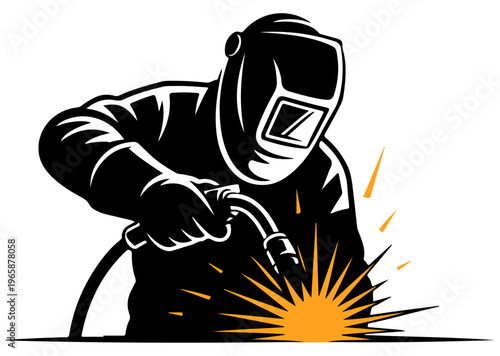 Arc welding vector art, Industrial welder working with mask and torch producing bright sparks, Professional metalwork construction and manufacturing process in silhouette illustration