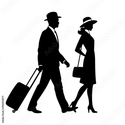 Elegant couple walking with luggage suitcase for travel or business trip. Silhouette of man and woman in vintage fashion style for tourism and vacation themes
