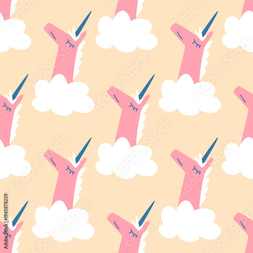 Cute pink unicorn in white clouds seamless pattern, magical fairytale nursery background, sweet dreams bedtime vector illustration for kids