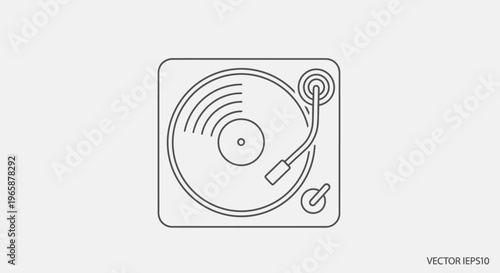 Retro vinyl record player icon, vintage turntable outline, classic audio music equipment, simple flat vector graphic design element.