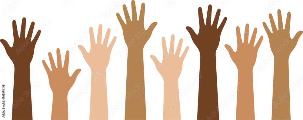 Fototapeta premium Diverse Group Of Raised Hands In Various Skin Tones, Unity And Support Symbol Vector Illustration 