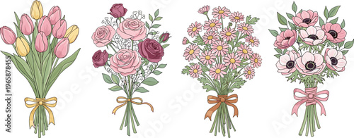 Floral Bouquet Set Featuring Tulips, Roses, and Anemones with Ribbon Ties for Elegant Wedding and Spring Designs