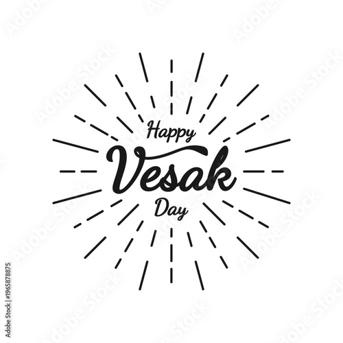Happy Vesak Day typography poster, Calligraphy black greeting words on white background with fireworks. Vector illustration.